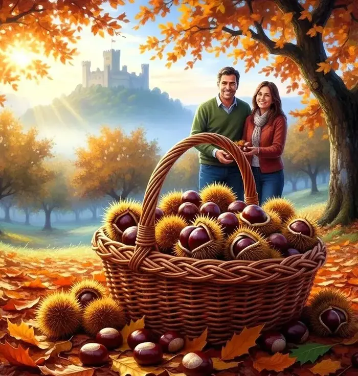 Casal com cesto de castanhas