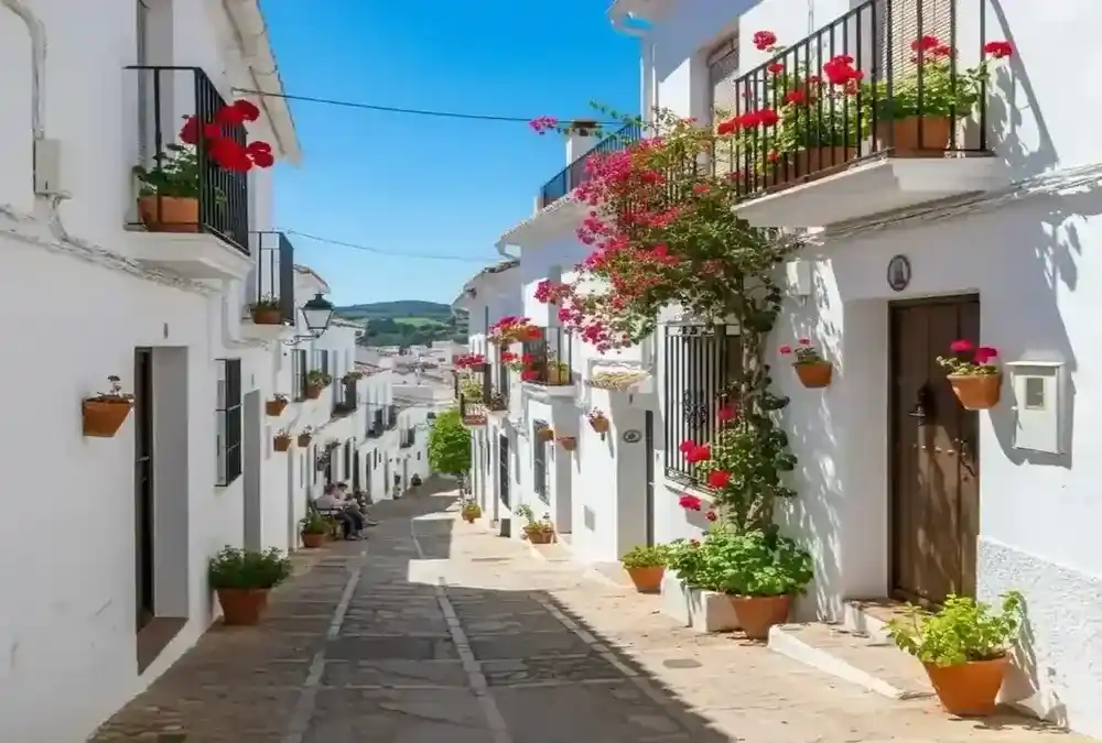 Rua estreita e ensolarada com casas tradicionais caiadas de branco, adornadas com muitos vasos de flores vermelhas (gerânios) e buganvílias.