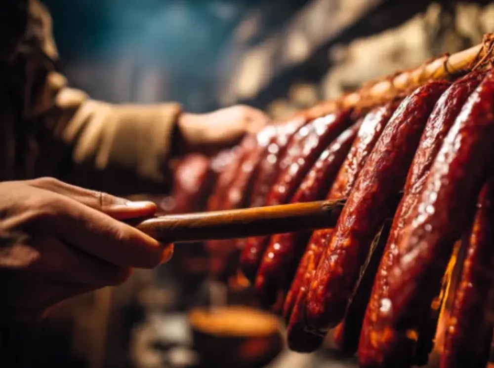 Chouriços e fumeiros artesanais da Beira Interior em processo de cura.