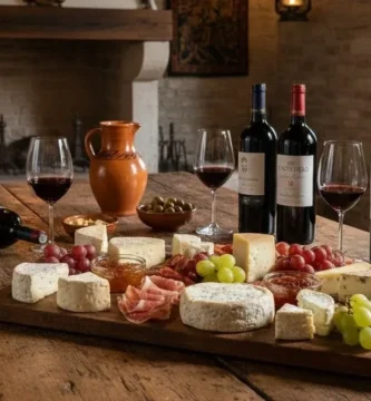 Tábua rústica de queijos variados, presunto, uvas e vinhos tintos em um interior rústico com lareira de pedra.