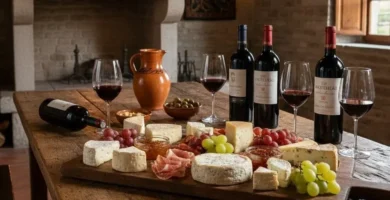 Tábua rústica de queijos variados, presunto, uvas e vinhos tintos em um interior rústico com lareira de pedra.