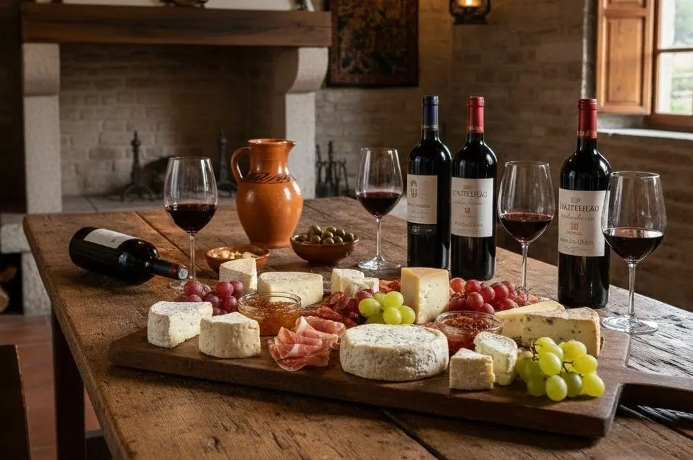 Tábua rústica de queijos variados, presunto, uvas e vinhos tintos em um interior rústico com lareira de pedra.
