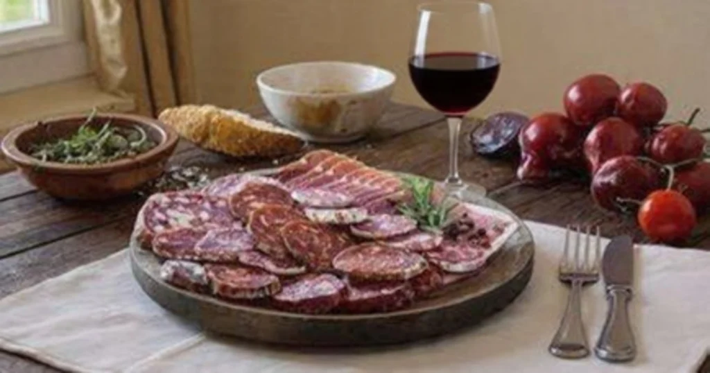 Tábua de chouriço fatiado com taça de vinho tinto Beira Interior.