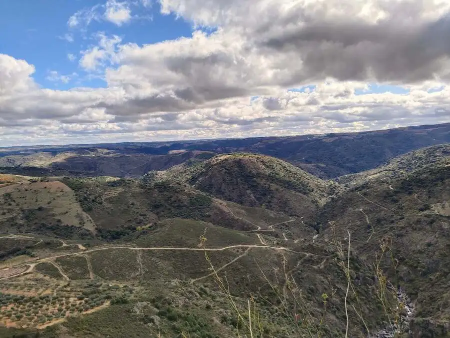 Vista panorâmica das vastas serras de Miranda do Douro, com vales profundos, estradas sinuosas e campos de oliveiras.