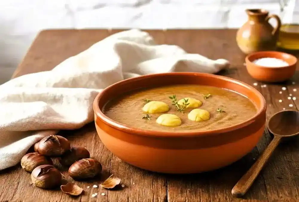 Tigela de barro com sopa de castanha