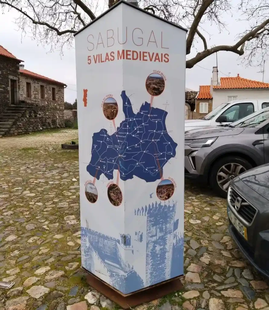 Painel informativo com mapa das Cinco Vilas Medievais do Sabugal: Alfaiates, Sabugal, Vilar Maior, Sortelha e Vila do Touro.
