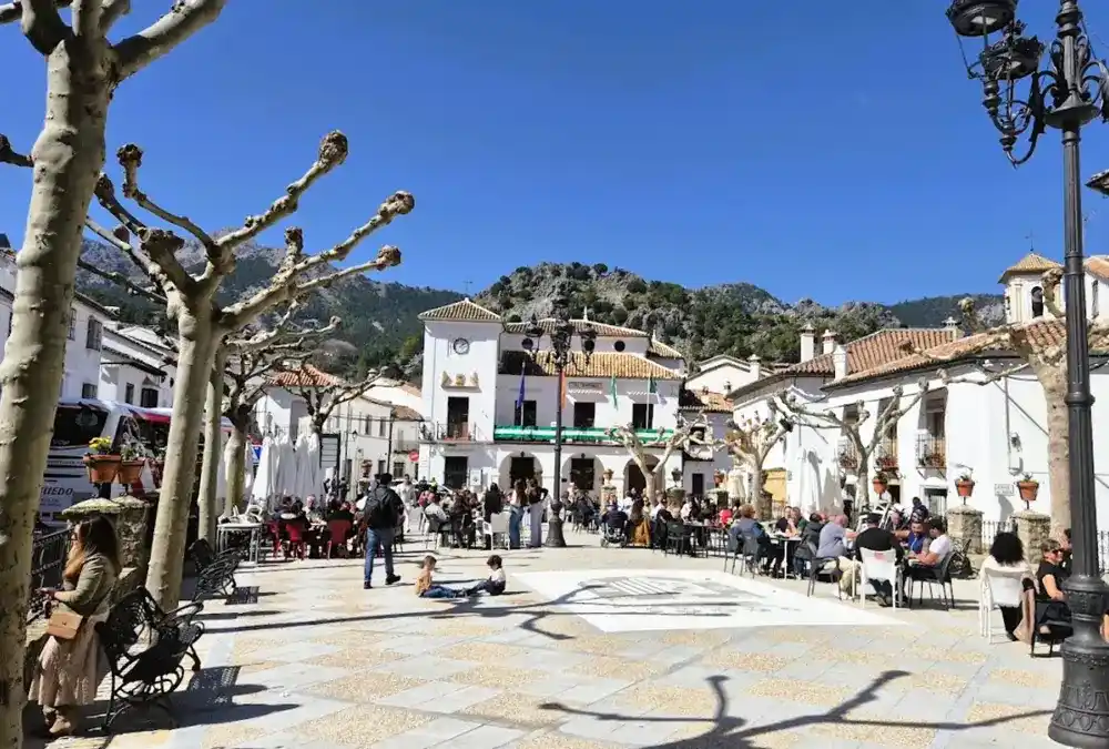 Praça central ampla em Grazalema com esplanadas, árvores de inverno podadas, edifícios brancos tradicionais e as imponentes montanhas de rocha cinzenta da serra ao fundo.
