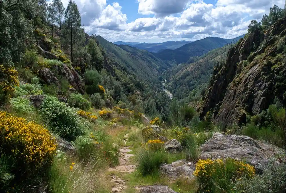 Paisagem do Vale do Côa com arbustos densos de giestas com flores amarelas no primeiro plano e encostas cobertas de árvores no fundo sob céu azul.