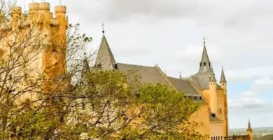 Detalhe das torres cónicas e telhados de ardósia do Alcázar de Segóvia, emoldurado por ramos de árvores. Perspetiva lateral.