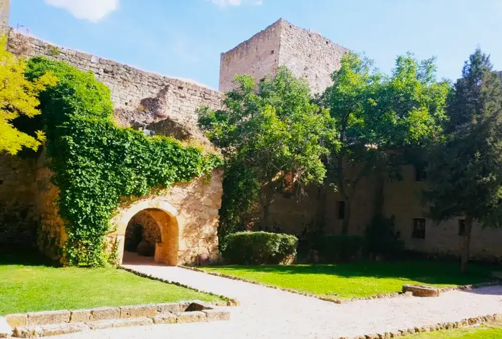 Pátio de armas do Castelo de Pedraza com torre de menagem de pedra e arco de entrada coberto por vegetação, paragem na Rota Segóvia.