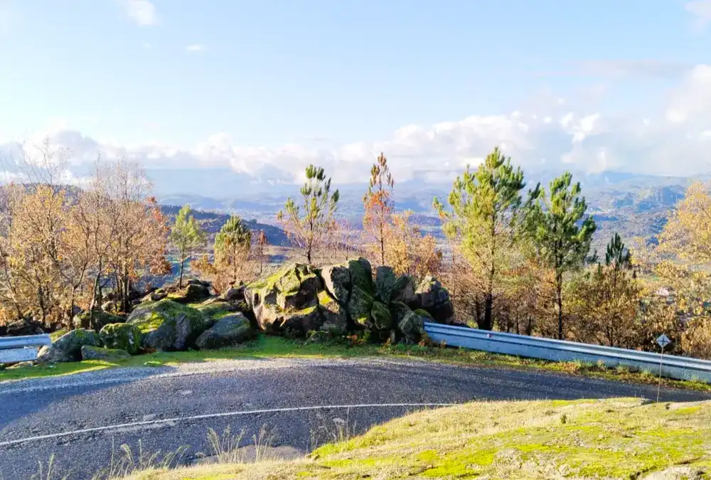 Estrada panorâmica serpenteando entre rochas de granito e musgo no Miradouro dos Quatro Ventos, um dos 7 miradouros da Beira Interior.