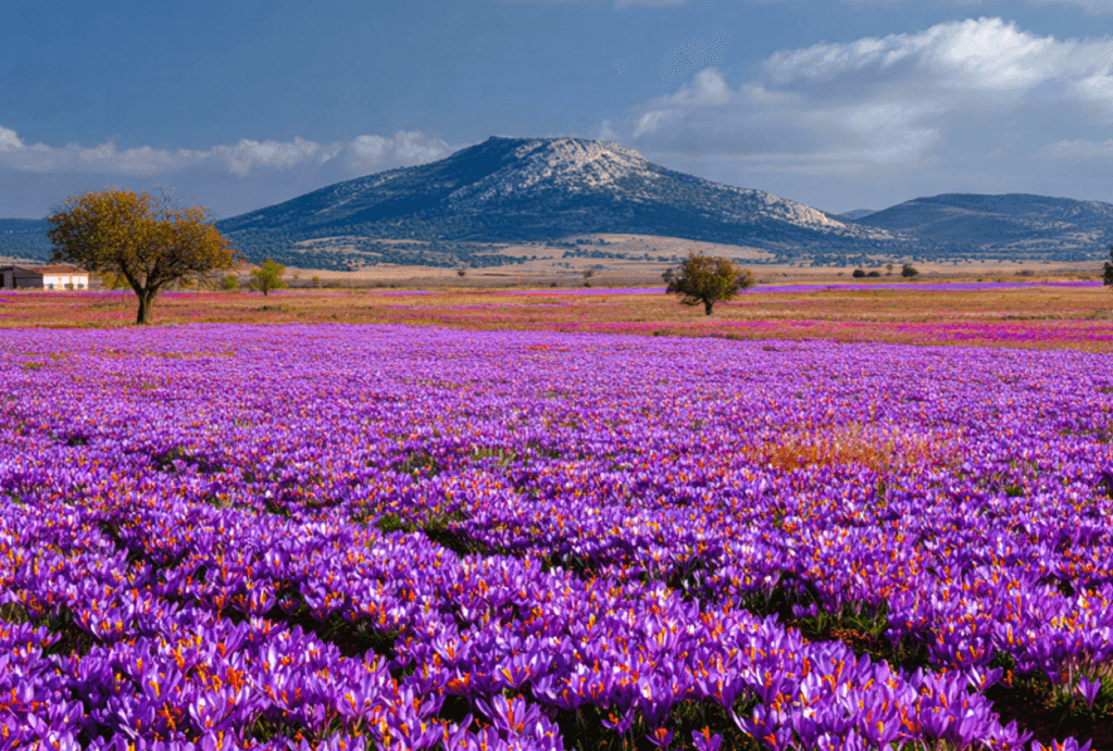 Fotografia panorâmica de um vasto campo de flores roxas de açafrão (Crocus sativus) em plena floração na região de Orgaz, Toledo. No horizonte, ergue-se uma serra rochosa sob um céu dramático com nuvens. Duas árvores solitárias pontuam a planície colorida.