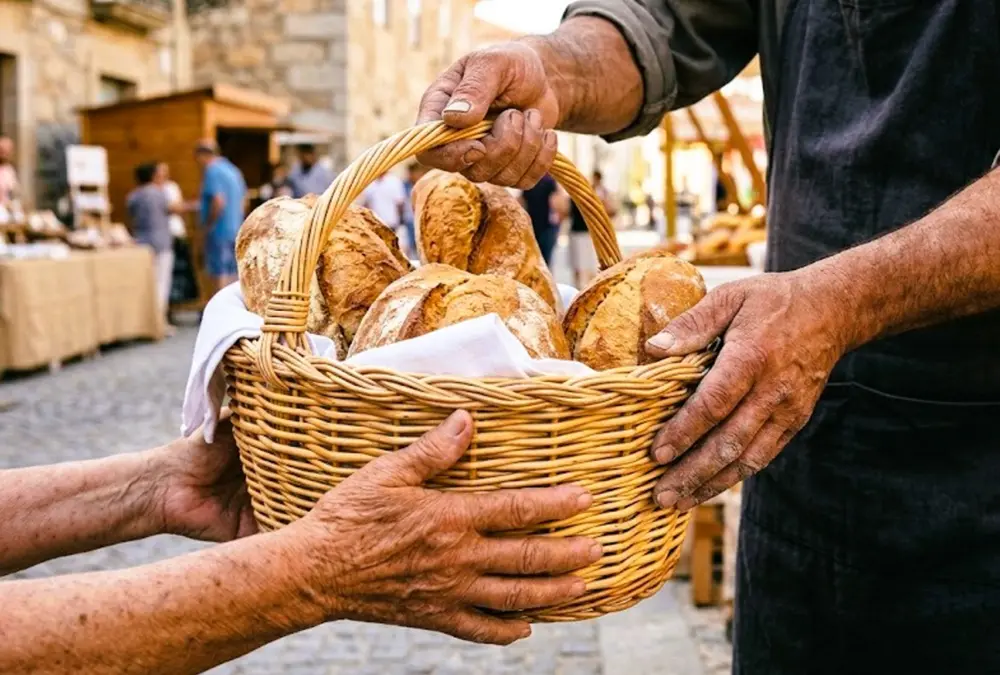 Close-up de mãos entregando um cesto de pão artesanal cozido em forno a lenha numa aldeia tradicional.