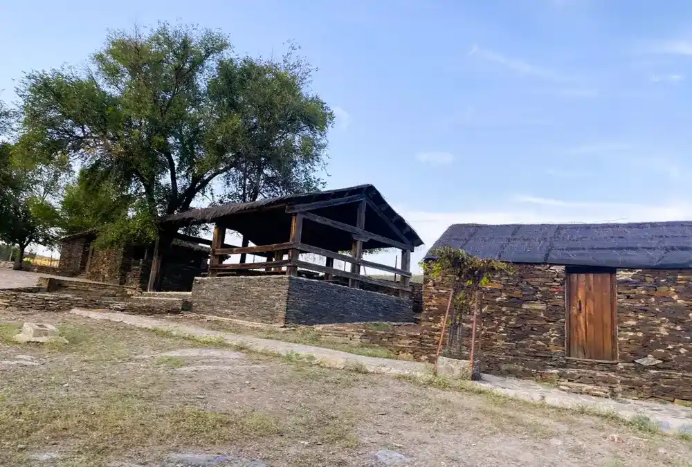 Fotografia de ângulo baixo mostrando construções tradicionais de pedra de xisto em Villarreal de San Carlos. Um grande alpendre de madeira escura com teto de colmo está ao centro, rodeado por uma oliveira velha e uma pequena casa de pedra com porta de madeira rústica à direita. O chão é de terra batida sob um céu azul claro com nuvens brancas.