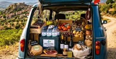 Maleteiro de carro clássico abastecido com produtos locais como Queijo d'Alcântara e Cerejas do Fundão numa estrada secundária ibérica. Exemplo de turismo sustentável e economia de proximidade.