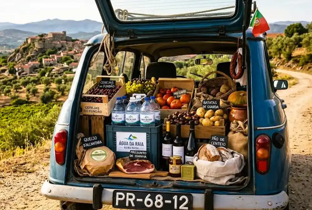 Maleteiro de carro clássico abastecido com produtos locais como Queijo d'Alcântara e Cerejas do Fundão numa estrada secundária ibérica. Exemplo de turismo sustentável e economia de proximidade.