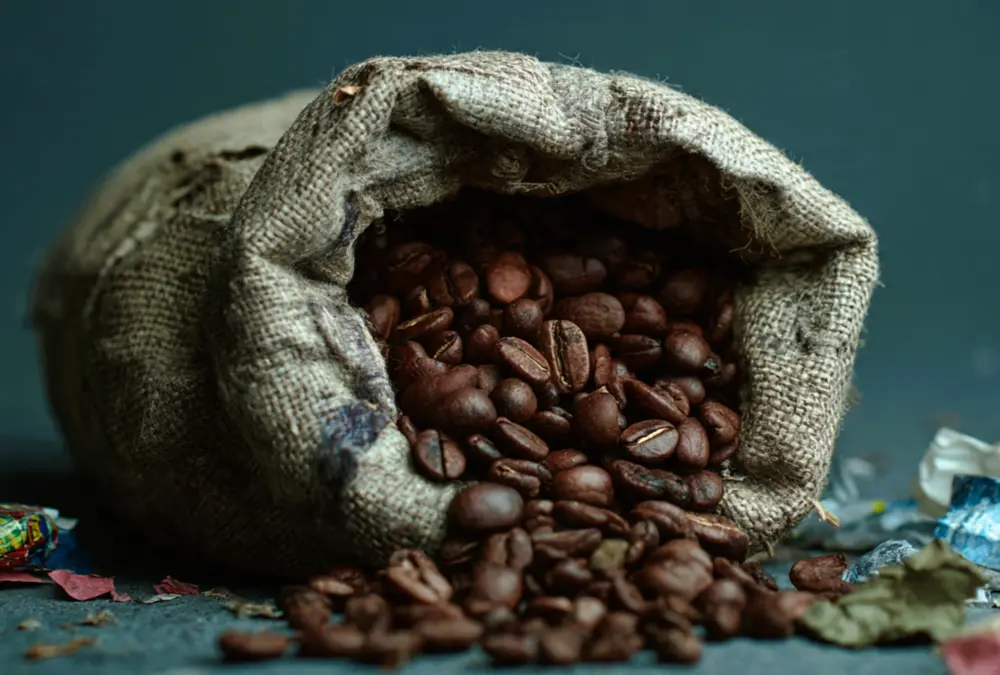 Saco de serapilheira com grãos de café torrado espalhados sobre superfície rústica.
