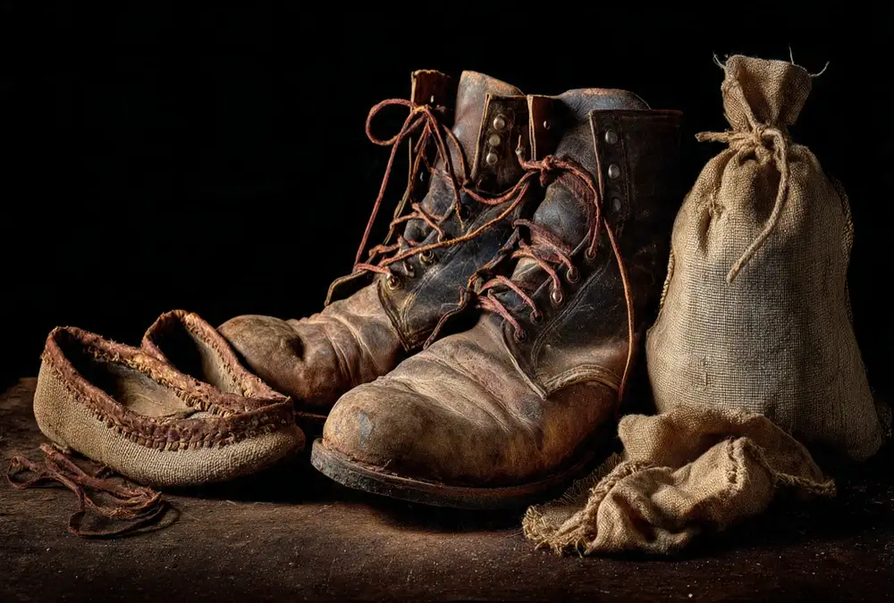 Botas de couro desgastadas e sacos de serapilheira sobre madeira rústica, simbolizando trabalho rural e o contrabando na Raia Ibérica.