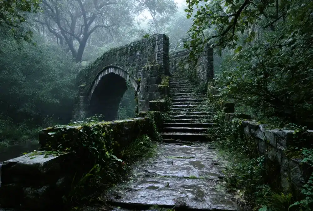 Ponte de pedra antiga com escadas e arco, rodeada por vegetação densa e neblina suave.
