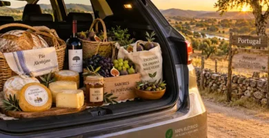 Maleteiro de carro clássico abastecido com produtos locais como Queijo d'Alcântara e Cerejas do Fundão numa estrada secundária ibérica. Exemplo de turismo sustentável e economia de proximidade.