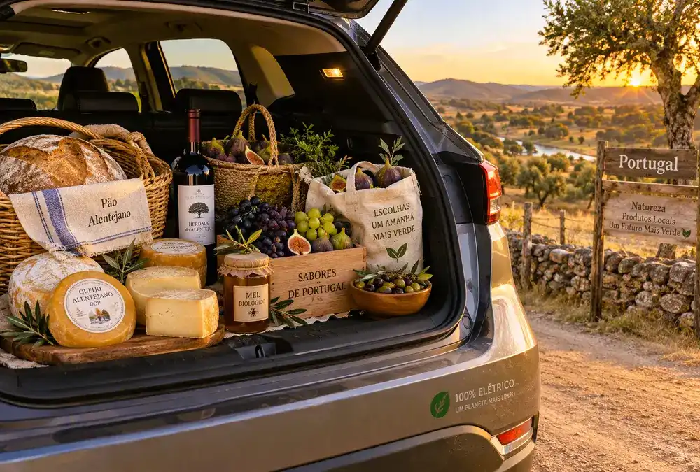 Maleteiro de carro clássico abastecido com produtos locais como Queijo d'Alcântara e Cerejas do Fundão numa estrada secundária ibérica. Exemplo de turismo sustentável e economia de proximidade.