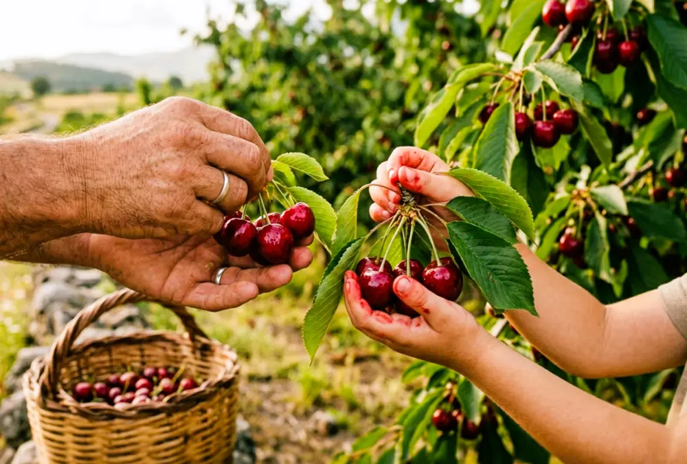 Duas pessoas colhendo cerejas maduras diretamente de uma árvore frutífera com cesto de vime ao lado.