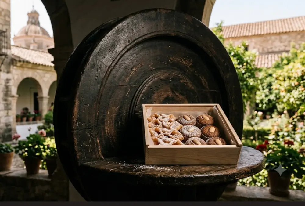 Torno de madeira tradicional para compra de doçaria conventual em Arcos de la Frontera.