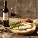 Garrafa de azeite virgem extra Oleum Viride, vinho tinto Chinchilla e uma tábua de queijo Payoyo fatiado sobre mesa de madeira rústica.