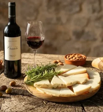 Garrafa de azeite virgem extra Oleum Viride, vinho tinto Chinchilla e uma tábua de queijo Payoyo fatiado sobre mesa de madeira rústica.