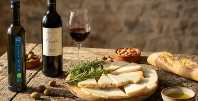 Garrafa de azeite virgem extra Oleum Viride, vinho tinto Chinchilla e uma tábua de queijo Payoyo fatiado sobre mesa de madeira rústica.