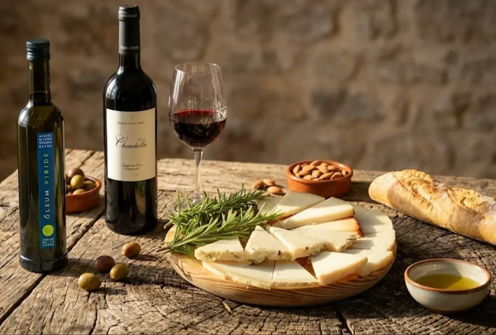 Garrafa de azeite virgem extra Oleum Viride, vinho tinto Chinchilla e uma tábua de queijo Payoyo fatiado sobre mesa de madeira rústica.
