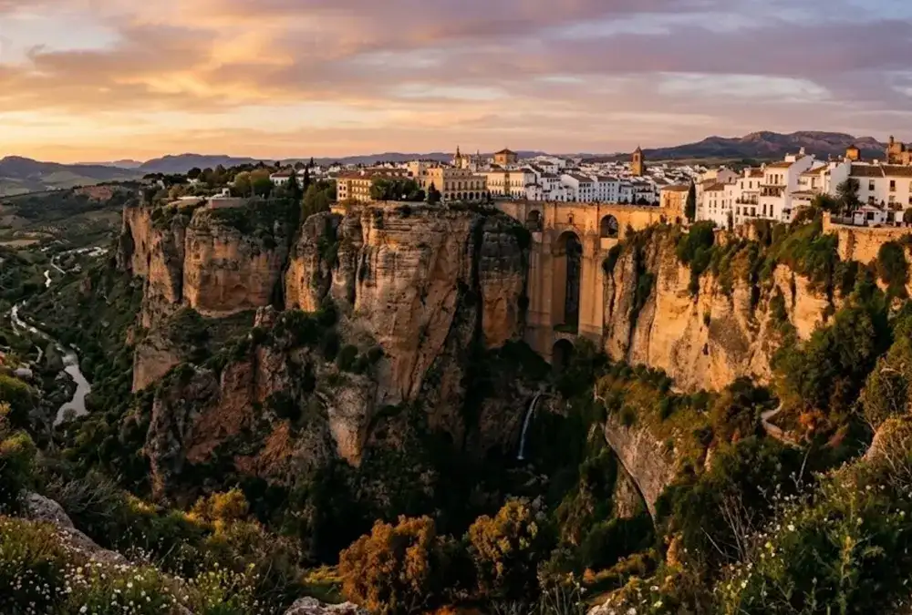 Vista panorâmica do desfiladeiro de Ronda e da Puente Nuevo ao pôr-do-sol, com o casario branco no topo das arribas rochosas.